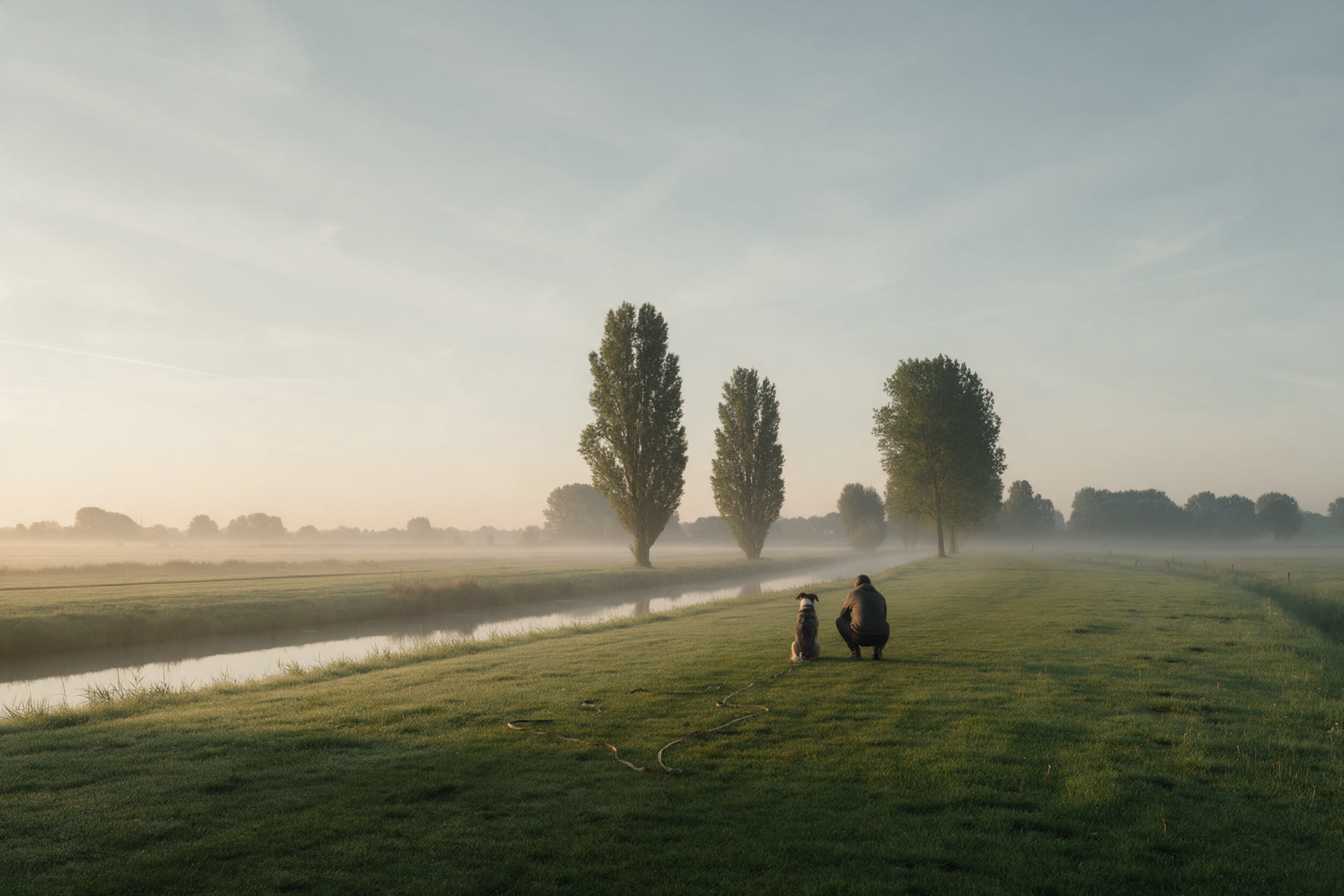 Illustration: a trainer and a dog sitting together in a misty Dutch polder at sunrise